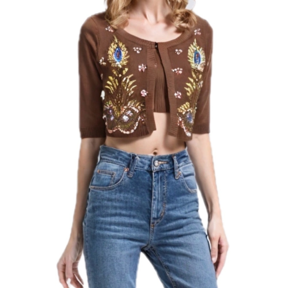 Vintage Salco Italy Cropped Sequin Peacock Cardigan in Brown & Blue Size M